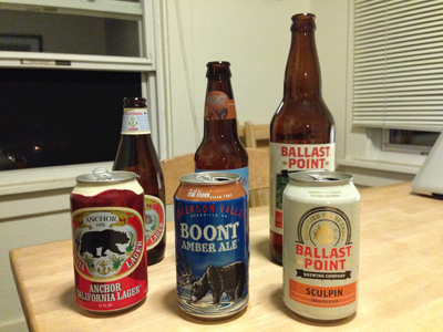 Taste test two: Anchor Brewing Anchor California Lager, Anderson Valley Boont Amber Ale, Ballast Point Sculpin IPA.